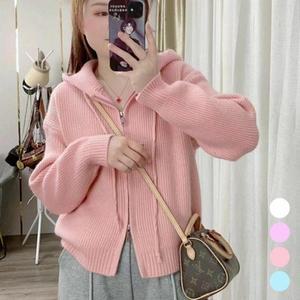 여자 후드 골지 부드럽고 두꺼운 지퍼 투웨이 가디건