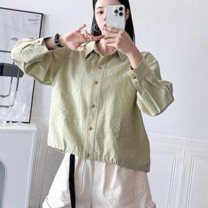 [옷자락]여자 봄블라우스 빅포켓 스트링 박스핏 버튼 면 셔츠