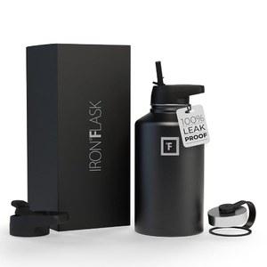 아이언 FLASK 캠핑 및 하이킹 수분 플라스크, 넓은 입, 빨대 뚜껑 3개, 스테인리스 스틸 야외 물병, 이중 벽, 단열 보온병, 금속 캔틴 - 미드나잇 블랙, 64온스