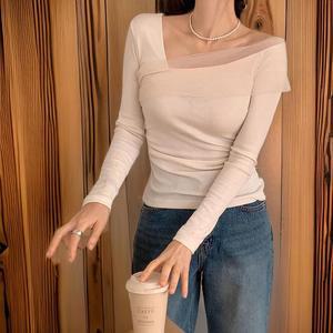 원숄더 긴팔 브이컷 슬림 여성 오간자 하객티셔츠