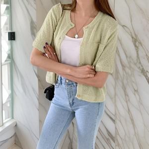 [하프클럽/옷자락]여성 노카라 금장단추 더블포켓 반팔 가디건