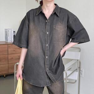 [옷자락]여자 포켓 오버핏반팔 박시 힙커버 청남방 여름 셔츠