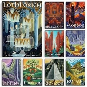 톨킨 여행 월 아트 캔버스, 중지구 세계 풍경, LOTR 레트로 영화 인쇄 사진, 거실 홈 데코