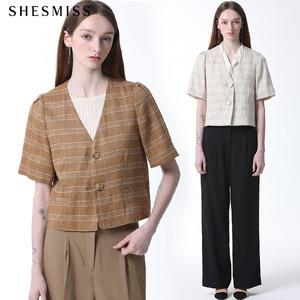 [쉬즈미스(SHESMISS)] 노카라 체크무늬 반팔 숏 린넨 재킷 (택가격: 318000원)