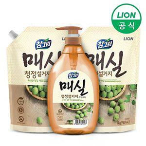 [라이온]참그린 매실 청정 설거지 주방세제 1kg용기 1개+1kg리필 2개