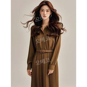 하객원피스 플리츠 긴팔 봄가을 롱 카라넥 포켓 결혼식 출근룩