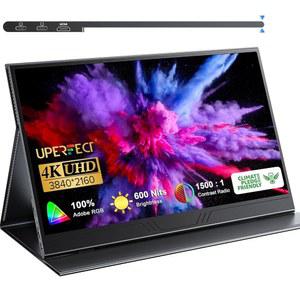 UPERSECT 트루 4K 휴대용 모니터, 600니트 밝기 100% ADOBERGB, 독특한 아치 메탈 프레임, 15.6인치 UHD IPS 3840X2160 USB C HDR FREESYNC 듀얼 스피커 타입 HDMI OTG, 스마트 케이스 포함