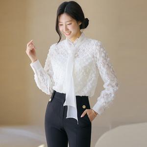 [루이스엔젤] 헨느 스카프SET 쟈가드 플라워 레이스 쉬폰 러플넥 블라우스