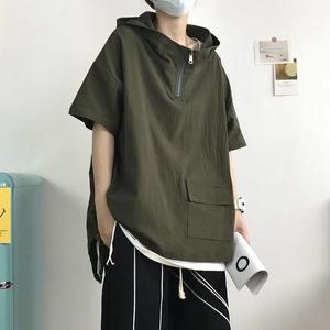 티 셔츠 반팔 면티 얇은 카라 지퍼 초대형 사이즈 300파운드 후드 남성 여름 아이스 실크 티셔츠 일본식 하