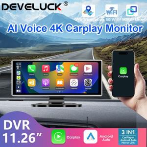 Develuck 대시 캠 백미러 카메라, 와이파이 무선 카플레이 및 안드로이드 자동 듀얼 렌즈, 자동차 DVR 비디