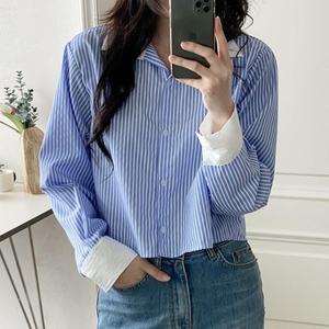 [다잇템] 여성 롱슬리브 세미크롭 면혼방 단가라 남방