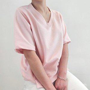 [옷자락]여성 절개라인 브이넥 면혼방 오버핏 반팔 맨투맨