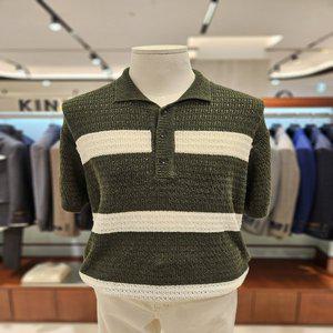 [킨록바이킨록앤더슨](강남점)S/S  부클 빅 스트라이프 그린 반팔 카라 니트[CHW20S010]