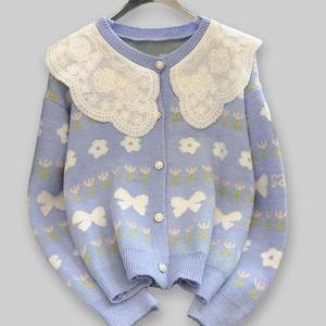 [셀러허브]여성 봄 가데일리을 플라워 긴팔 레이스 니트 가디건 블루 (S31555510)