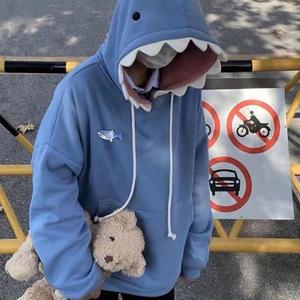 [라일리] Rly 2컬러 귀여운 스티치 기모 포켓 상어얼굴 후드티셔츠