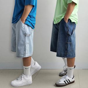 리얼타임 카펜터 버뮤다 데님팬츠 7부 / 남자 와이드 청반바지 밴딩 스판 남성 연청 진청 여름 통큰 통넓은