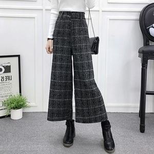 여성 겨울 간절기 체크 9부 모직 와이드 팬츠 통 바지