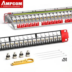 AMPCOM 24 포트 RJ45 스루 커플러 패치 패널 백 바 벽 마운트 랙 CAT5E CAT6 CAT6A UTP 키스톤 잭 포함