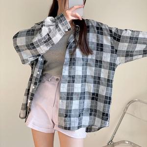 [다잇템] 여자 타이다이남방 격자 콘트라스트 벌룬 셔츠