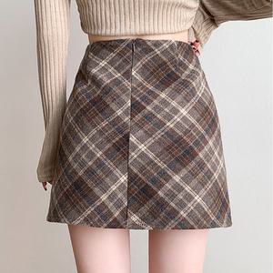 여성 2컬러 가을 겨울 체크 모직 미니스커트 A라인