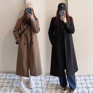 [옷자락]여자 겨울 심플 모직 더블 블랙 브라운 롱코트_P353617730
