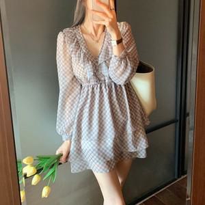 여자 러플 브이넥 체크 시스루 캉캉 퍼프 미니원피스