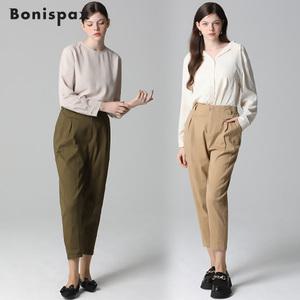 [보니스팍스][보니스팍스(Bonispax)] 앞 절개 원턱 뒷밴딩 면 배기 팬츠 (택가격 109000원)