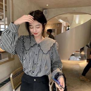 [오노마] ONM 여자 패턴 루즈핏 포인트 체크 긴팔 블라우스 빅카라