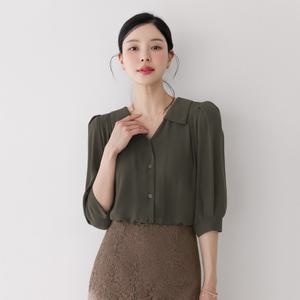 [시크라인] (~XXL까지) 제하 오픈카라 퍼프소매 블라우스 봄 가을 오피스 하객룩 데이트 모임 미시 빅사이즈