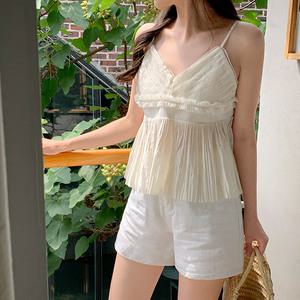 (흘러내림X/러블리무드/휴양지룩) 르네 프릴 플리츠 뷔스티에 블라우스 bs7940