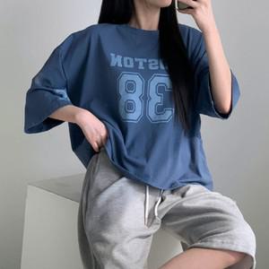 여성 박시핏 무지컬러 스포티 면원단 칠부반팔 티셔츠