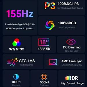 PC XBox PS4/5 Switch용 게이밍 디스플레이, 2.5K 155Hz 터치스크린, 휴대용 모니터 100% DCI-P3 HDR 1MS F