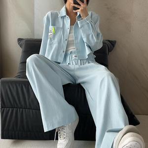 여자 통 청남방 패치 청바지 크롭 하이 세트