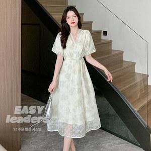 여성 여름 여자 자수 스커트 원피스 미디 브이넥 프렌치 루즈핏 쉬폰 패션