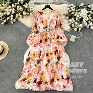 여성 퍼프소매 프렌치 여자 주름 가을 원피스 미디 슬림 스커트 쉬폰 봄 치마 셔링 EY1