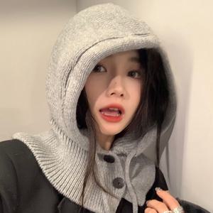 단추 니트 바라클라바 후드 넥워머 페이크 모자 워머 레이어드 겨울 방한 비니 머플러 따뜻한 패션 아이템
