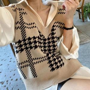 [OFM7P385]여성 격자체크패턴 크롭 니트베스트 2컬러