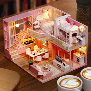 나무 미니어처 인형 집 DIY 듀플렉스 아파트 제작 3D 퍼즐 조립 건물 LED 조명 장난감 장식