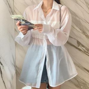 여자 흰블라우스 스트링 퍼프 박시 롱 셔츠