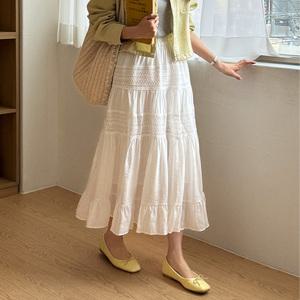 [데일리앤] 사빈 아일렛 펀칭 레이스 프릴 캉캉 롱스커트 여름 화이트 치마