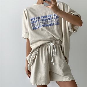 여자 칠부 하프팬츠 필기체 콘트라스트 박시핏반팔 트랙수트 세트