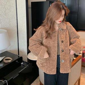 여성숏코트 여자봄코트 A라인 니트 반 아우터 여성용 플러시 재킷 루즈 캐주얼 턴다운 칼라 긴팔 코트 패셔