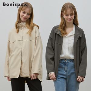 [보니스팍스(Bonispax)] 하이넥 스냅버튼 중기장 자켓 (택가격: 199000원)
