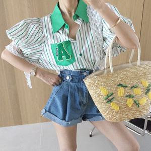 젤라비 배색카라 부클 패치 포켓 벌룬 퍼프 스트라이프 여름 반팔 셔츠 블라우스 (3color)