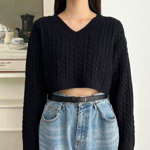 [옷자락]여자 꽈배기 크롭티 브이넥 초록색 가을 긴팔 니트_P347524866