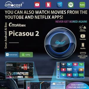OTTOCAST PICASOU 2 CarPlay AI Box 무선 안드로이드 자동 HDMI 멀티미디어 어댑터 Google TV 리모컨 게임