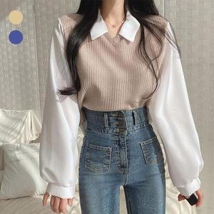 [오노마] ONM 골지조끼 레이어드 여성 페이크 긴팔 카라 티셔츠