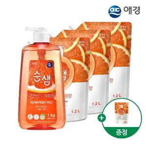 [애경] 순샘 주방세제 용기 1kg 1개+리필 1.2L 3개+200ml 증정 (베이킹소다피톤치드/구연산자몽 택1)