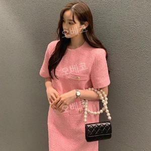 트위드포켓원피스 반팔 오버핏 여름하객룩 빅사이즈 단추 반소매 라운드넥