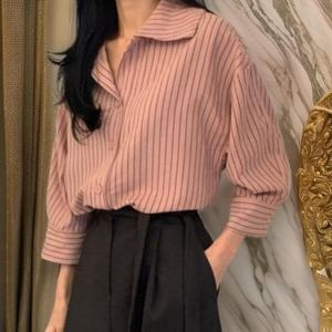 여자 오버핏 3컬러 카라 스트라이프 셔츠